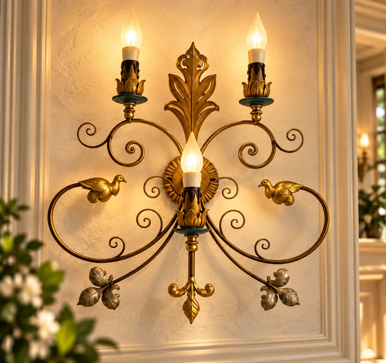 Wall light with gold-toned ornaments