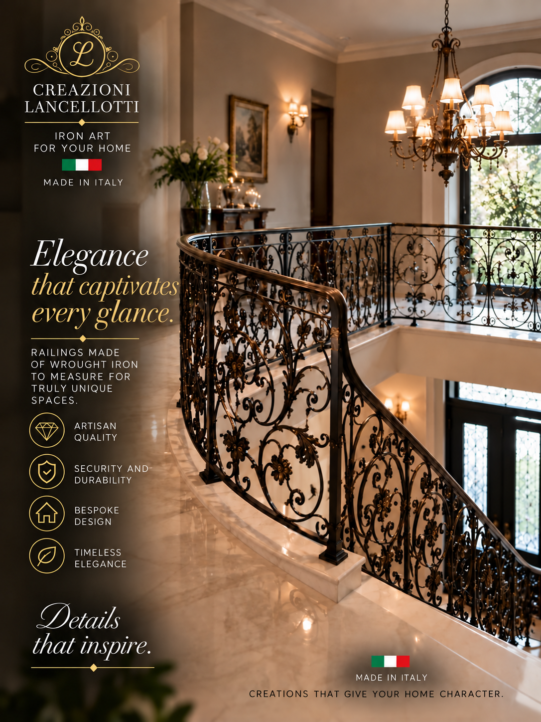 Curved railing with floral ornaments in the foyer