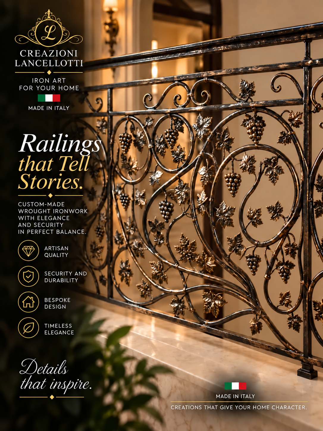 Close-up of a railing with scrollwork and leaves
