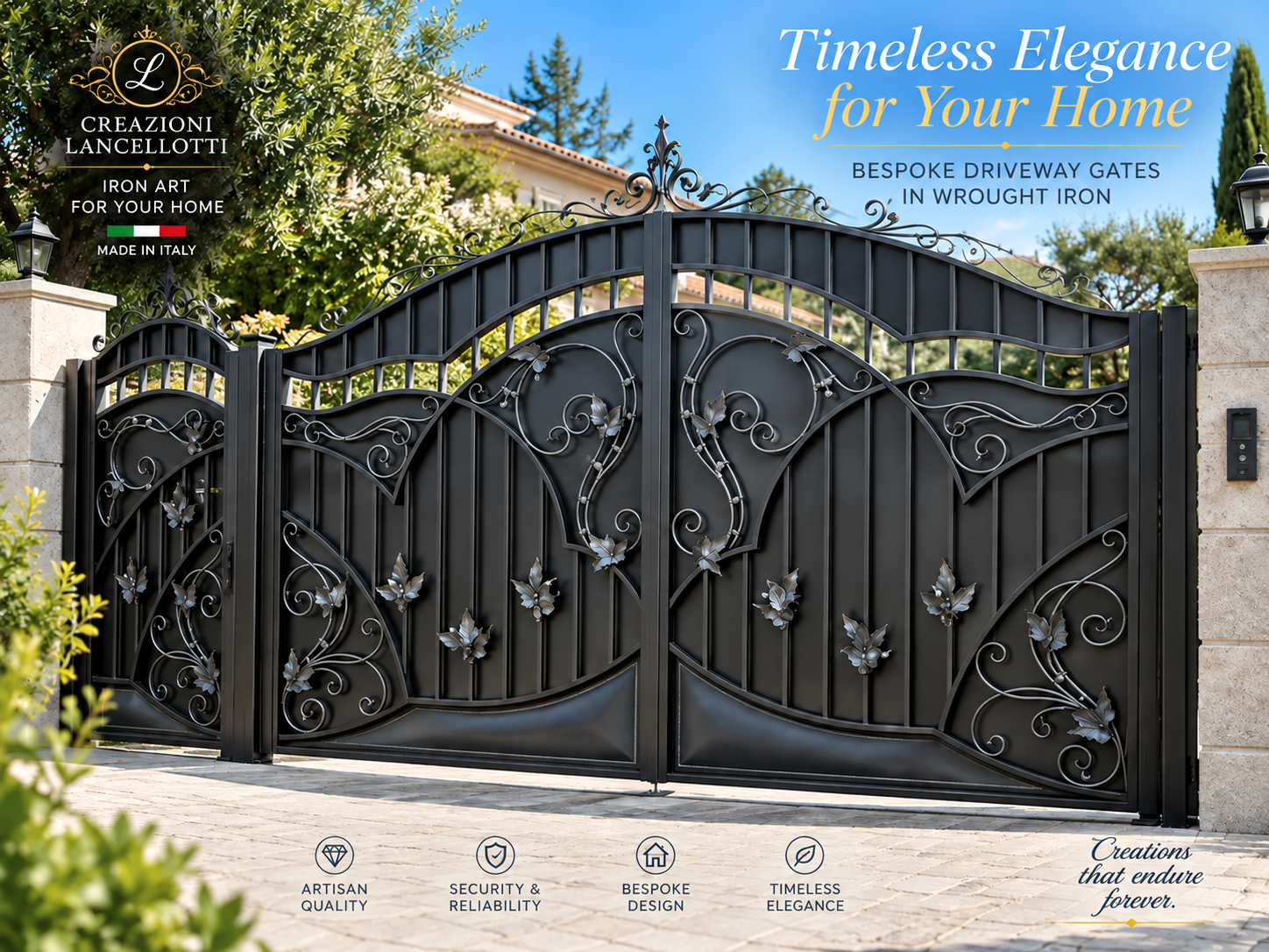 Double gates with repeating leaf ornaments