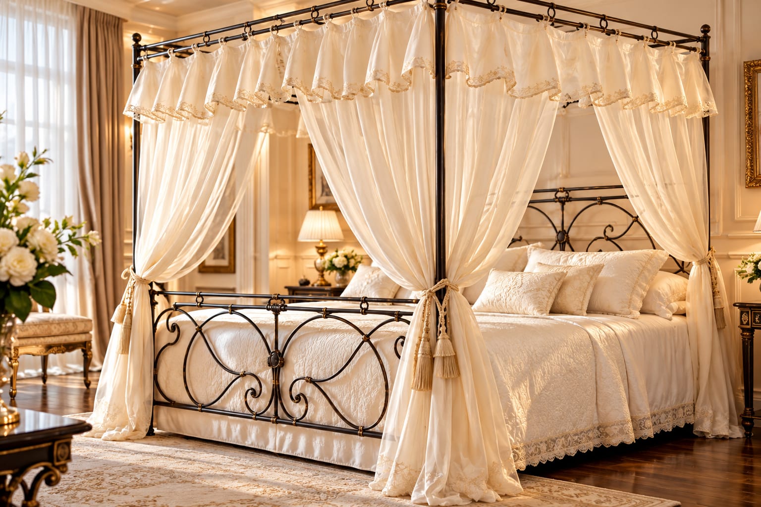 An iron four-poster bed